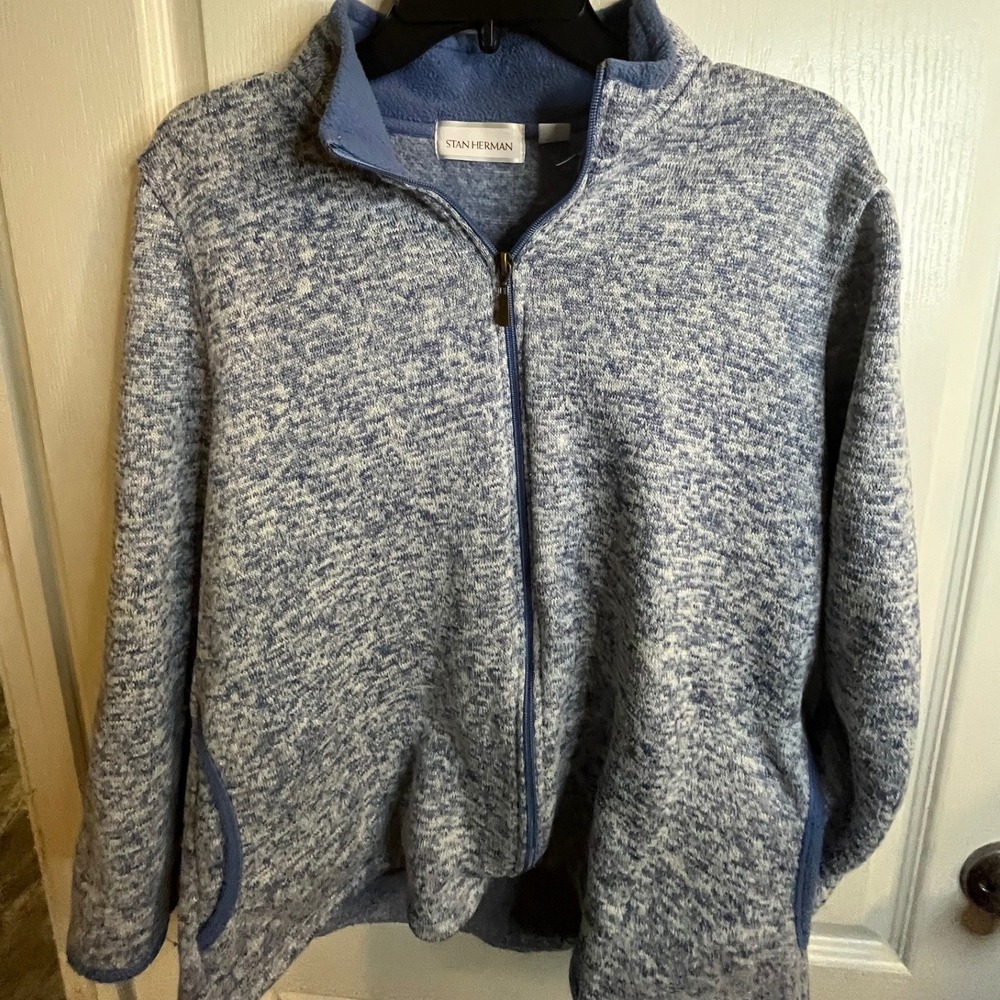 Stan Herman Full Zip Jacket Mens L/G Blue Knit Fleece Comfy Warm‎